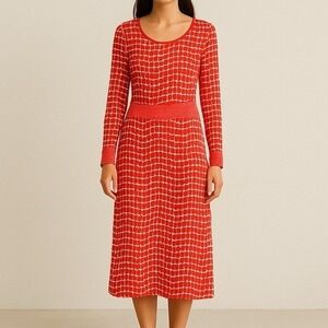 J Peterman XS Maxi Stretch Dress Red Geometric Lined Comfy Soft Office Causal